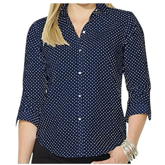 LAUREN RALPH LAUREN Navy/White Polka Dot Non Iron Button Up Cotton Shirt Size 1X - Picture 3 of 10